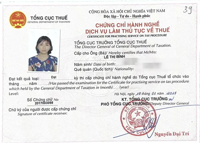 Chứng chỉ hành nghề dịch vụ làm thủ tục về thuế